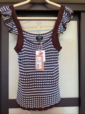 A.P.C. Striped Ruffle-Shoulder Knit Tank — Blue, Brown & White